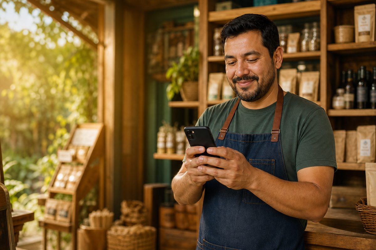 Dueño de negocio revisando ventas desde el celular
