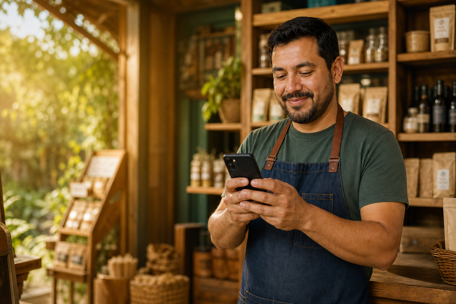 Dueño de negocio revisando ventas desde el celular
